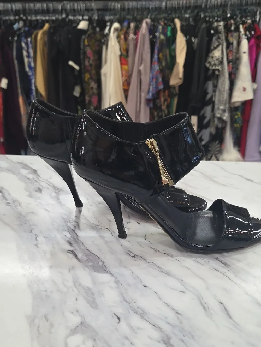 Gucci Black Patent Leather Stiletto Heels with Gold Zip Accent